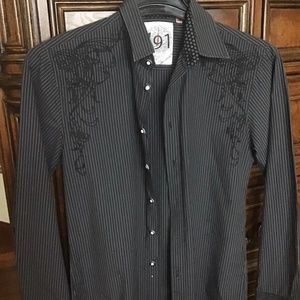 191 Unlimited men's Black  Shirt Textured Embroidered Long Sleeve Size L